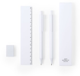 Набор из ручки, карандаша, линейки и ластика, с антибактериальным покрытием RIPLY белый, пластик Набор из ручки, карандаша, линейки и ластика, с антибактериальным покрытием RIPLY белый, пластик