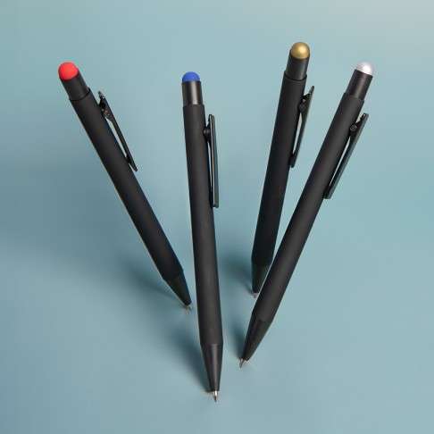 Ручка шариковая FACTOR BLACK со стилусом, черный/серебро, металл, пластик, софт-покрытие