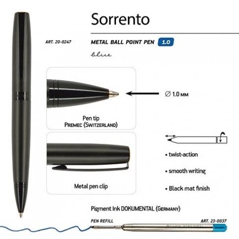 Ручка металлическая шариковая «Sorento», 1,0мм, синие чернила, черный
