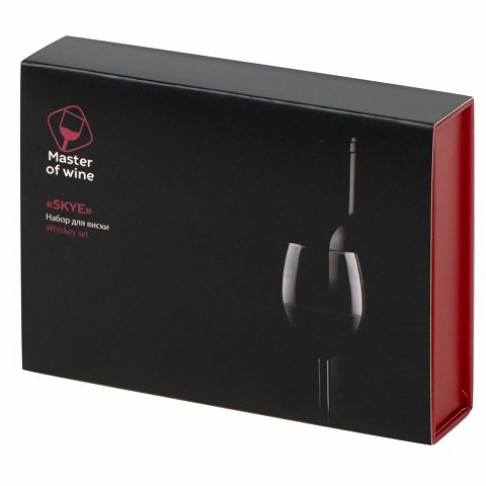 Набор для виски со стальными охлаждающими камнями, щипцами, мешочком в коробке, кашированной картоном.