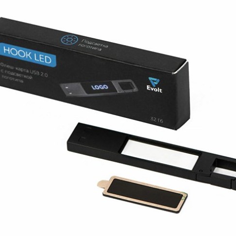USB 2.0- флешка на 32 Гб c подсветкой логотипа «Hook LED», темно-серый, синяя подсветка