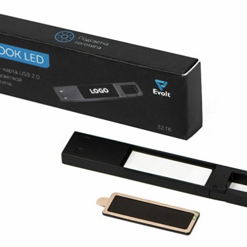 USB 2.0- флешка на 32 Гб c подсветкой логотипа «Hook LED», темно-серый, белая подсветка