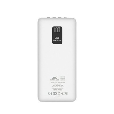 RIVACASE VA2220 (20000 мАч) внешний аккумулятор с дисплеем и встроенными кабелями, белый, 12/24