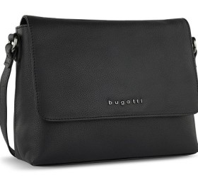 Сумка наплечная женская BUGATTI Bella, чёрная, воловья кожа/полиэстер, 25х8х20 см