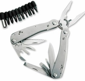 Мультитул Stinger, 105x50 мм, 10 функций, сталь, серебристый, 12 насадок и нейлоновый чехол