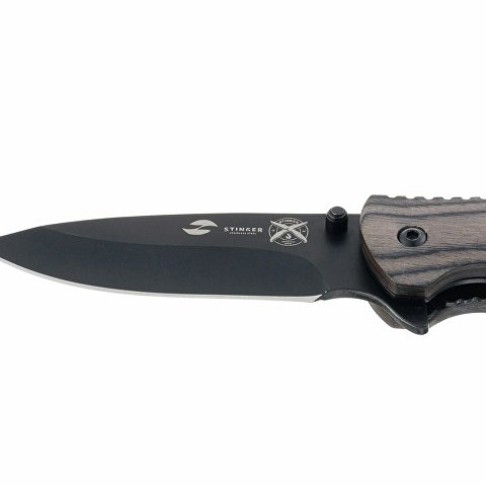 Нож складной Stinger, 120 мм, (чёрный), материал рукояти: дерево/сталь (серый), в картонной коробке