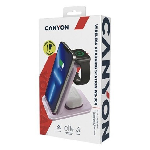 Беспроводное зарядное устройство 3-в-1 CANYON WS-304 (CNS-WCS304B), 15W, розовый Беспроводное зарядное устройство 3-в-1 CANYON WS-304 (CNS-WCS304B), 15W, розовый