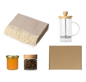 Подарочный набор с пледом, френчпрессом, чаем и вареньем, бежевый