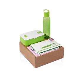 Подарочный набор с бутылкой для воды. блокнотом, ручкой и ланчбоксом, зеленое яблоко Подарочный набор с бутылкой для воды. блокнотом, ручкой и ланчбоксом, зеленое яблоко