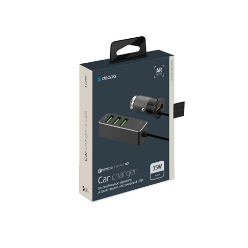 АЗУ 1 USB + 3 USB для пассажиров, QC 3.0, 7А, алюминий, графит, Deppa